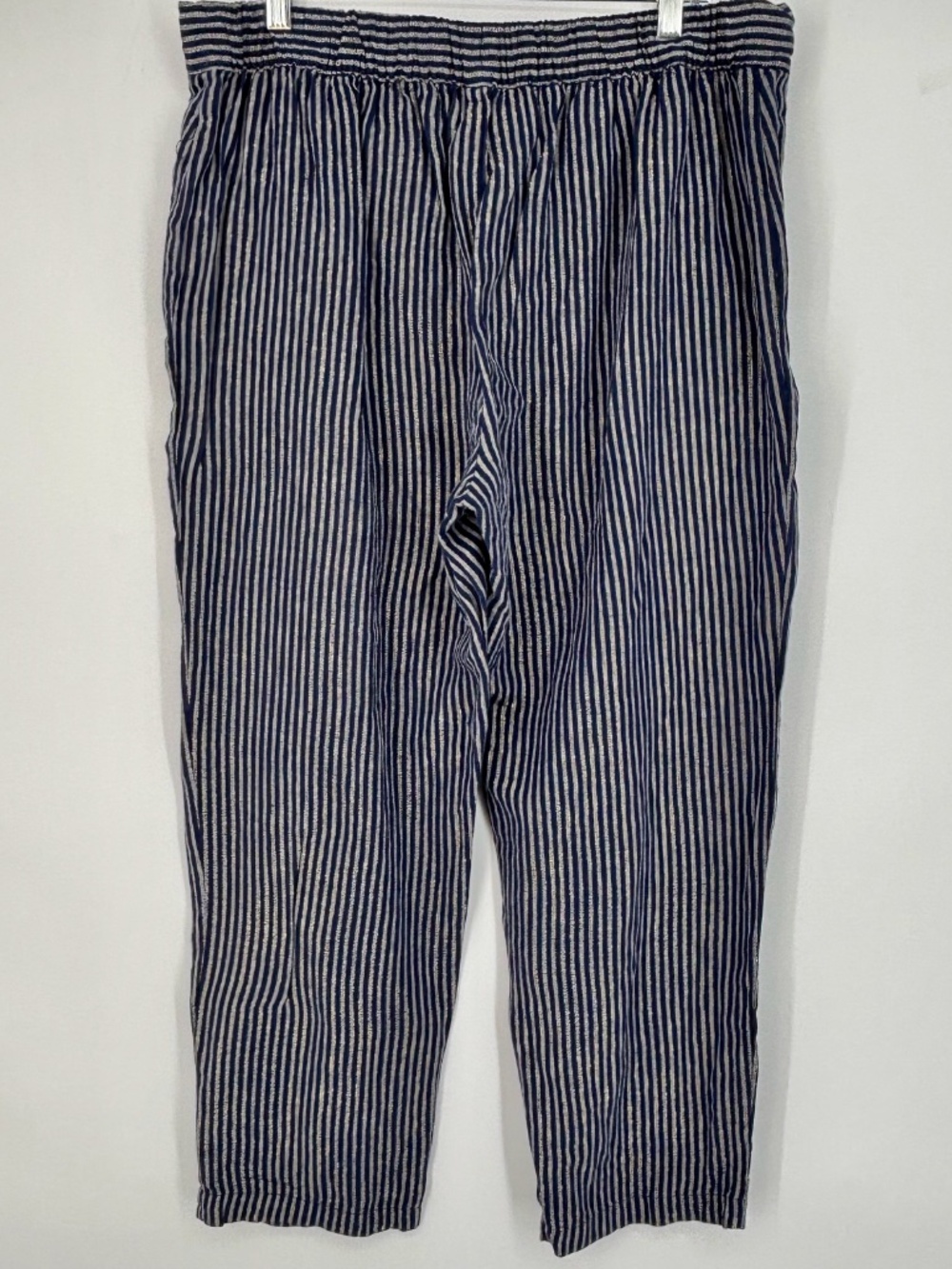 Ellen Tracy Womens Large Pull-On Pants Navy Blue Gold Metallic Stripes Linen - Picture 6 of 9
